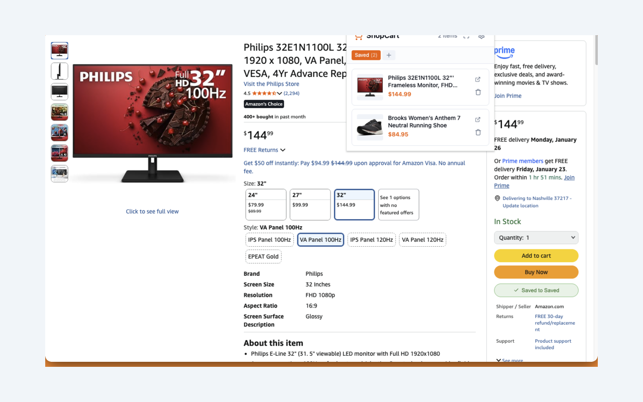 ShopCart popup showing saved items